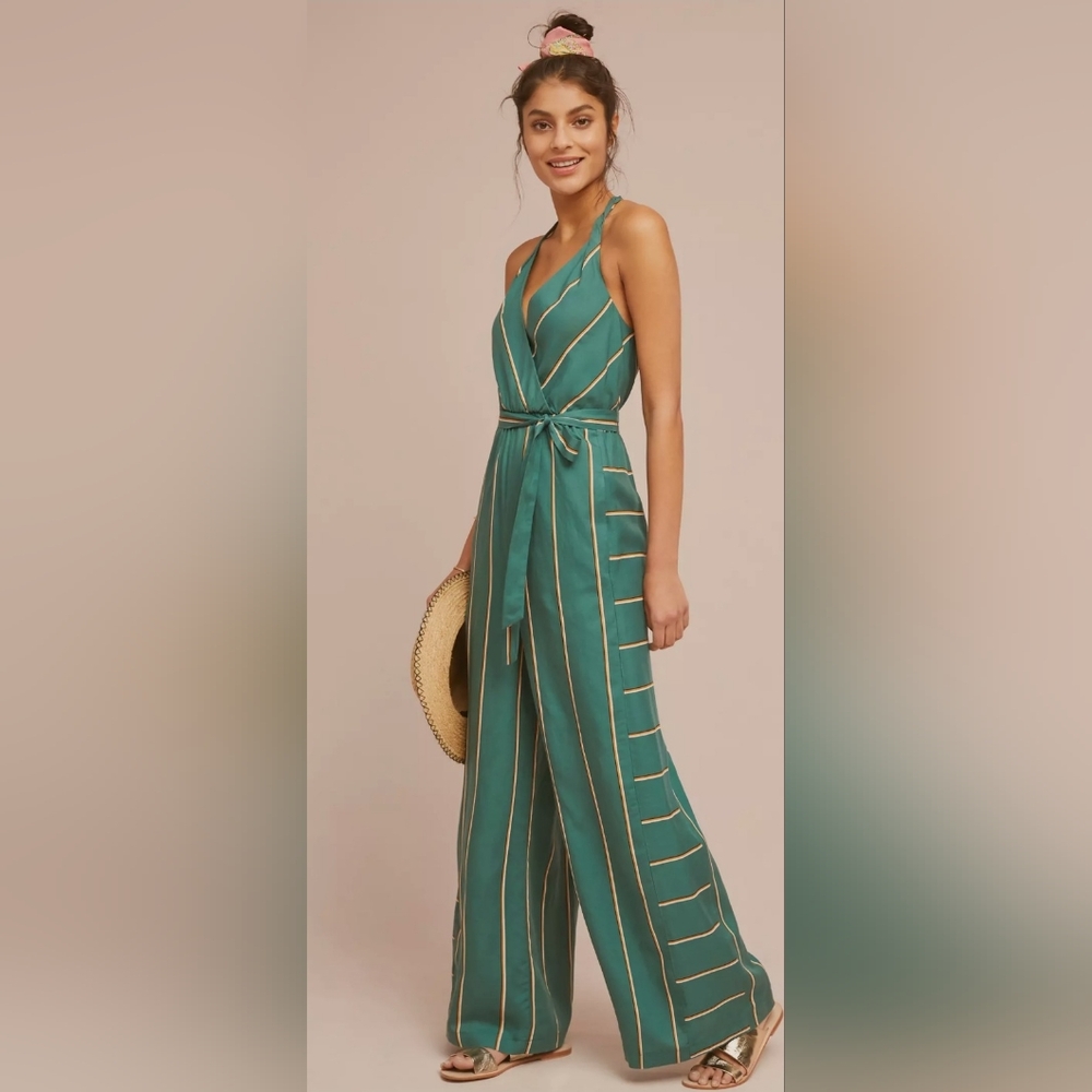 Anthropologie Teal and Gold Striped Jumpsuit